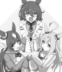  3girls absurdres agnes_tachyon_(umamusume) ahoge animal_ears ascot blush_stickers breasts cleavage cleavage_cutout clothing_cutout commentary dress ear_ornament earrings greyscale hair_between_eyes highres horse_ears horse_girl hu-min_(okok6341) huge_ahoge jacket jewelry labcoat long_hair long_sleeves looking_at_viewer medium_hair monochrome multicolored_hair multiple_girls necktie neo_universe_(umamusume) open_mouth satono_diamond_(umamusume) short_necktie single_earring sleeves_past_fingers sleeves_past_wrists sweatdrop sweater tearing_up tied_sleeves trait_connection umamusume upper_body 