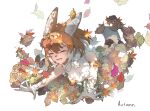 animal_ears autumn_leaves bare_shoulders blush closed_eyes dhole_(kemono_friends) dog_ears dog_girl dog_tail extra_ears fang gloves hair_between_eyes kemono_friends leaf leaf_on_head light_brown_hair multicolored_hair open_mouth sasa_fune shirt short_hair sidelocks sleeveless tail two-tone_hair white_gloves white_hair white_shirt 