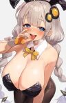  1boy black_pantyhose blue_eyes braid breasts cleavage fellatio_gesture fingerless_gloves gloves grey_hair hair_ornament handjob_gesture huge_breasts kizuna_akari looking_at_viewer pantyhose playboy_bunny saliva saliva_trail solo tongue tongue_out totorosu twin_braids voiceroid 