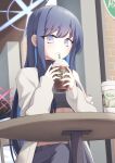  2girls absurdres black_hair black_pants blue_archive blue_eyes blue_hair breasts cafe cardigan casual chair coat commentary_request crop_top cup disposable_cup drinking_straw grey_cardigan groin halo highres holding holding_cup iced_coffee long_hair long_sleeves looking_at_viewer medium_breasts midriff misaki_(blue_archive) multicolored_hair multiple_girls no_mask off_shoulder open_cardigan open_clothes pants parted_lips projectorzero saori_(blue_archive) shirt single_bare_shoulder sitting sleeveless sleeveless_shirt solo_focus table two-tone_hair white_coat 