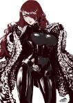  absurdres belt black_bodysuit black_gloves bodysuit breasts coat fur_coat gloves highres holding holding_clothes holding_coat kirijou_mitsuru looking_at_viewer omniformblue one_eye_covered open_mouth persona persona_3 persona_4:_the_ultimate_in_mayonaka_arena persona_4:_the_ultimax_ultra_suplex_hold red_eyes red_hair red_lips white_background 