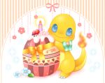  alternate_color blue_eyes bow candle charmander dated fangs fire floral_background flower food fruit green_bow hand_up leaf looking_at_viewer no_humans pokemon shiny_pokemon sparkle_background strawberry striped ten&#039;on_(amane09) vertical_stripes 