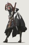  1girl apron asterisk_kome bolt_action boots brown_hair gina_wallace gloves grey_background gun heroes_of_order highres lee-enfield maid maid_apron maid_headdress rifle scope sheath solo sword weapon 
