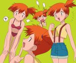 1girl :d ? bikini blue_shorts clenched_hand closed_mouth collarbone commentary_request eyelashes green_background green_eyes hand_up index_finger_raised knhrpnkt leaning looking_at_viewer misty_(pokemon) multiple_views one_side_up open_mouth orange_hair pokemon pokemon_(anime) pokemon_(classic_anime) shirt short_hair shorts sleeveless sleeveless_shirt smile spoken_question_mark suspenders swimsuit tongue twitter_username watermark yellow_shirt 