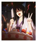  1boy birthday_cake black_hair brown_eyes cake candle elizabeth_(gintama) food gintama happy_birthday hat highres holding holding_knife indoors japanese_clothes katsura_kotarou kimono knife long_hair male_focus open_mouth party_hat renico_(1389208605560352778) smile solo v 