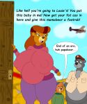  aircraft airplane anthro baloo bear big_breasts bottomwear breasts clothing curvy_figure demanding disney female foxtide888 group kit_cloudkicker looking_back male mammal mature_female mother_(lore) nipple_outline overweight overweight_male pants parent_(lore) pregnant pregnant_female purple_bottomwear purple_clothing purple_pants rebecca_cunningham sweater talespin the_jungle_book thick_thighs topwear trio wide_hips 