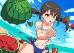  1girl asymmetrical_bikini beach bikini black_hair blue_bikini blue_sky clenched_hand cloud commentary_request day food fruit half-closed_eye hand_up highres idolmaster idolmaster_cinderella_girls kamille_(vcx68) karate long_hair looking_ahead nakano_yuka navel open_mouth outdoors sidelocks sky solo stomach swimsuit thighs toned twintails watermelon white_bikini yellow_eyes 