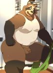  2023 anthro arufina_w balls belly big_belly biped black_body bodily_fluids brown_body canid canine clothing genitals hi_res kemono male mammal overweight overweight_male penis raccoon_dog shirt small_penis solo sweat tanuki topwear underwear undressing 
