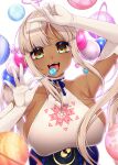  1girl absurdres arm_up blonde_hair blush breasts candy collarbone dark-skinned_female dark_skin elbow_gloves food gloves highres holding holding_candy holding_food holding_lollipop hololive hololive_english large_breasts lollipop long_hair looking_at_viewer murmoruno open_mouth sideboob smile solo teeth tongue tongue_out tsukumo_sana twintails upper_body upper_teeth_only v virtual_youtuber white_gloves 