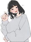  1girl black_hair blush english_text long_hair long_sleeves looking_at_viewer medium_hair ohasi original simple_background smile solo sweater white_background 