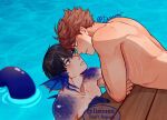  2boys back bishounen black_hair blue_eyes blush body_freckles brown_eyes brown_hair collarbone fins fish_boy fish_tail freckles haikyuu!! head_fins iizuumi kageyama_tobio looking_at_another male_focus multiple_boys oikawa_tooru_(haikyuu!!) tail topless_male twitter_username wet wet_hair 