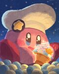  badge blue_eyes blush_stickers chef_hat closed_mouth cupcake food glowing happy hat highres kirby kirby_(series) kirby_cafe miclot night night_sky no_humans pink_footwear shoes sky sparkle sparkling_eyes star_(sky) starry_sky white_headwear 