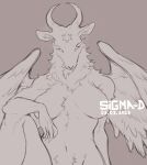  2023 2_horns anthro arm_support arm_tuft artist_name baphomet_(deity) bent_arm biped bovid breasts breasts_apart caprine caprine_demon chin_tuft convenient_censorship crotch_tuft curved_horn dated deity demon digital_drawing_(artwork) digital_media_(artwork) facial_tuft female fingers fur fur_tuft goat_demon hi_res horizontal_pupils horn humanoid_hands inner_ear_fluff leaning_on_elbow looking_at_viewer mammal medium_breasts monochrome neck_tuft no_irises nude nude_anthro nude_female pupils sepia shoulder_tuft sigma-d snout solo tuft wings 