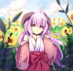  1girl ahoge brown_horns closed_mouth cloud commentary curled_horns detached_sleeves english_commentary field flower flower_field hakama hakama_skirt hands_up hanyuu higurashi_no_naku_koro_ni holding holding_clothes horns japanese_clothes long_hair looking_at_viewer miko outdoors purple_eyes purple_hair qixzy red_hakama sidelocks signature skirt sky smile solo sunflower sunflower_field upper_body wide_sleeves 