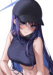  1girl 1yu_x bare_arms bare_shoulders baseball_cap black_headwear blue_archive blue_eyes blue_hair halo hat highres long_hair looking_at_viewer saori_(blue_archive) simple_background solo thighs white_background 
