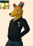  anthro black_nose bottomwear canid canine clothed clothing container cup english_text fangs fox fur gregg_lee grey_eyes hi_res jacket justkodiak male mammal night_in_the_woods official_art orange_body orange_fur pants shirt snack_falcon solo standing teeth text topwear 