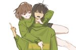  2others black_hair black_shorts blush brown_eyes brown_hair chara_(undertale) deltarune green_sweater grin hair_between_eyes highres i3dpi kris_(deltarune) long_sleeves middle_finger multiple_others open_mouth other_focus short_hair shorts simple_background smile sweater undertale white_background 