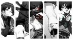  1boy bare_shoulders blood blood_on_body blood_on_face buku2_suisou cheek_rest closed_mouth covering_face elbow_rest fingerless_gloves genshin_impact gloves greyscale half-closed_eyes highres looking_at_viewer male_focus monochrome multiple_views one_eye_covered open_mouth scaramouche_(genshin_impact) short_hair smug solo_focus spot_color stomach tongue tongue_out wanderer_(genshin_impact) 