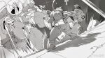  3boys ass bara character_request fighting_stance from_behind from_below full_body greyscale highres male_focus mecha monochrome multiple_boys muscular muscular_male robot science_fiction tooboshoo trigun vash_the_stampede 