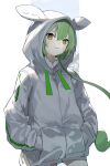  1girl :3 commentary_request cowboy_shot green_hair hair_between_eyes hands_in_pockets highres hood hood_up hooded_jacket jacket long_sleeves looking_at_viewer orange_eyes pocche-ex solo voicevox white_jacket zundamon 