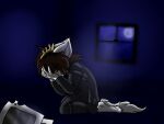  2016 4:3 anthro bodily_fluids brown_hair colored crown crying digital_media_(artwork) empty_room fur fuyu_graycen hair head_in_hands headgear hellishlykawaiimiocreations hybrid kneeling male moon night paws photo sad solo tears visual_kei white_body white_fur window 