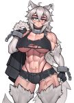  1girl abs absurdres ahoge animal_ears black_gloves black_shorts blue_eyes borrowed_character breasts closed_mouth commission cuffs fingerless_gloves gloves grey_hair heterochromia highres large_breasts long_hair looking_at_viewer micro_shorts muscular muscular_female navel original red_eyes roadi3 shackles shorts simple_background solo tail white_background wolf_ears wolf_girl wolf_tail 