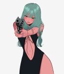  1girl asymmetrical_clothes black_dress breasts cowboy_shot dress green_eyes green_hair gun handgun holding holding_gun holding_weapon isabel_(chabeescalante) long_hair original parted_lips purple_nails simple_background solo tattoo underboob weapon white_background 