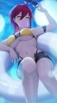  1girl armpits bikini braid breasts chewing_gum ear_piercing eyewear_removed highres holding holding_removed_eyewear innertube lodbyy navel original piercing red_hair short_shorts shorts swimsuit underboob wet yellow_bikini yellow_eyes 