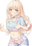  1girl absurdres belt blonde_hair blue_eyes blush braid cropped_shirt highres hololive kazama_iroha kazama_iroha_(streetwear) kisara_mikami long_hair midriff navel no_jacket shorts twin_braids virtual_youtuber white_background 