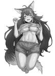  1girl @_@ ahoge alternate_costume animal_ear_fluff animal_ears blush breasts clothes_lift d: greyscale hair_ornament highres hololive inamimi_(sheep1733) large_breasts lifted_by_self long_hair looking_at_viewer monochrome navel ookami_mio open_mouth shirt shirt_lift shorts solo sweat tail underboob very_long_hair virtual_youtuber white_background white_shirt wolf_girl wolf_tail 