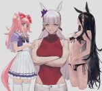  3girls agnes_digital_(umamusume) ahoge alternate_costume animal_ears bare_shoulders bikini black_bikini black_hair blue_eyes blunt_bangs blush bow bowtie breasts closed_eyes commentary_request cropped_legs crossed_arms ears_down gold_ship_(umamusume) grey_background grey_hair grin hair_bow hand_on_own_chest highres horse_ears horse_girl horse_tail leotard long_hair looking_at_viewer manhattan_cafe_(umamusume) medium_breasts multiple_girls navel open_mouth own_hands_together pink_hair purple_shirt red_eyes red_leotard sailor_collar sarcophage school_uniform shirt shirt_hold short_sleeves side-tie_bikini_bottom simple_background skirt small_breasts smile swimsuit tail thighhighs tracen_school_uniform two_side_up umamusume unfinished v-shaped_eyebrows very_long_hair white_skirt white_thighhighs 
