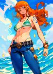  1girl absurdres beach belt bikini blue_pants blue_sky bracelet breasts closed_mouth cloud commentary day denim dutch_angle earrings english_commentary green_bikini highleg highleg_bikini highres jeans jewelry large_breasts long_hair looking_at_viewer nami_(one_piece) navel ocean one_piece orange_eyes orange_hair outdoors pants sky solo sparkle standing swimsuit tattoo topsu waves 