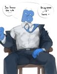 absurd_res belt blue_body bottomwear bulge chair clothed clothing dialogue dress_shirt for_a_head fully_clothed furniture hi_res humanoid jacket kogito male necktie not_furry object_head on_chair pants present_simple shirt sitting sitting_on_chair solo speech_bubble suit talking_to_viewer topwear 