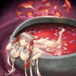  bathing breasts durga_(fate) fate/grand_order fate_(series) flower gold_bracelet highres kali_(fate) large_breasts large_earrings leg_tattoo long_hair looking_at_viewer lotus metal_bracelet neck_tattoo nude outdoors red_eyes red_ribbon ribbon snake tattoo white_hair white_snake 