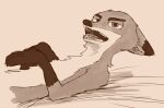  anthro bed canid canine disney ears_back famished_(artist) fox frown_eyebrows furniture looking_at_viewer lying male mammal nick_wilde nude on_back pivoted_ears solo teeth zootopia 