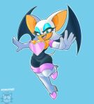  absurd_res anthro armwear bat blue_background breasts champchidi clothing elbow_gloves eyeshadow female footwear fur gloves handwear hi_res makeup mammal membrane_(anatomy) membranous_wings open_mouth open_smile rouge_the_bat sega signature simple_background smile solo sonic_the_hedgehog_(series) white_body white_fur wings 
