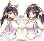  3girls animal_ear_fluff animal_ears atago_(azur_lane) azur_lane bangs black_bow black_hair black_sailor_collar black_skirt blunt_bangs bow breasts brown_eyes buttons cat_ears closed_mouth commentary_request cowboy_shot crop_top dog_ears double-breasted emurin extra_ears frown hair_flaps jacket large_breasts long_hair looking_at_viewer midriff military military_uniform multiple_girls navel o_o ponytail sailor_collar school_uniform serafuku skirt smile suspenders swept_bangs takao_(azur_lane) triangle_mouth uniform white_hair white_jacket white_skirt yukikaze_(azur_lane) 