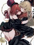  2girls ayahi_4 black_dress black_headwear blonde_hair blurry chain closed_mouth commentary_request depth_of_field dress headdress hecatia_lapislazuli highres hug junko_(touhou) long_hair long_sleeves looking_at_viewer medium_hair multicolored_clothes multicolored_skirt multiple_girls plaid plaid_skirt polos_crown red_eyes red_hair simple_background skirt tabard touhou white_background wide_sleeves yuri 
