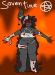  bandage big_breasts blood bodily_fluids bottomless breasts broken_horn clothed clothing demon dimsun female freckles gore grey_body grey_skin hair horn humanoid long_hair model_sheet scar solo 