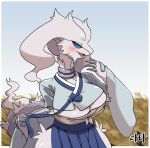  anthro biped blue_eyes blush border breasts cleavage clothed clothing detailed_background female fur generation_5_pokemon hi_res legendary_pokemon looking_at_viewer nintendo pokemon pokemon_(species) ratta108 reshiram solo white_body white_border white_fur 