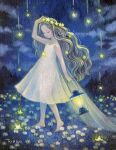  1girl barefoot closed_eyes cloud commentary_request dress flower full_body grass grey_hair hair_ornament head_wreath highres holding holding_lantern jewelry lantern long_hair necklace night oil_painting_(medium) original outdoors painting_(medium) ringodrawing sky solo star_(symbol) star_hair_ornament star_necklace star_wreath traditional_media wavy_hair white_dress 