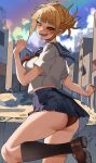  1girl absurdres ass bags_under_eyes black_socks blonde_hair blue_sailor_collar blue_skirt blue_sky blunt_bangs blush boku_no_hero_academia breasts brown_footwear building cloud day from_side highres kneehighs loafers looking_at_viewer medium_breasts messy_hair miniskirt necktie open_mouth outdoors panties pleated_skirt rainbow red_necktie red_panties sailor_collar school_uniform serafuku shirt shoes short_sleeves skirt sky slit_pupils socks solo standing standing_on_one_leg thighs toga_himiko underwear wedgie white_shirt yellow_eyes zd_(pixiv6210083) 