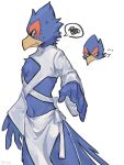  1boy beak bird_boy body_fur closed_mouth clothing_request commentary falco_lombardi furry furry_male male_focus pruh simple_background solo spoken_squiggle squiggle standing star_fox white_background 