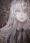  1girl blue_brooch blue_eyes branch brown_background closed_mouth commentary dikke dress expressionless grey_dress highres k0konattsu leaf light_particles long_hair looking_at_viewer plant reverse:1999 solo upper_body white_hair 