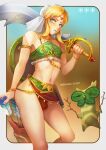  1boy arrow_(projectile) artist_name bare_shoulders blonde_hair blue_background blue_eyes blue_lips blurry blurry_background breasts brown_background bulge crossdressing feet_out_of_frame gerudo_set_(zelda) gradient_background highres holding korok link looking_at_viewer male_focus medium_breasts midriff nail_polish navel otoko_no_ko parted_bangs pink_nails quiver scimitar shadow shield_on_back solo steamed_egg sword the_legend_of_zelda the_legend_of_zelda:_breath_of_the_wild thighs weapon white_sleeves 