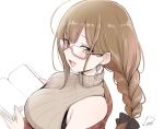  1girl ahoge bare_shoulders black_shirt blush book braid breasts brown_eyes brown_hair brown_sweater earrings flip_(diiolive) from_side holding holding_book idolmaster idolmaster_shiny_colors jewelry kuwayama_chiyuki large_breasts long_hair looking_at_viewer open_mouth pink-framed_eyewear semi-rimless_eyewear shirt signature simple_background sleeveless sleeveless_shirt sleeveless_sweater smile solo sweater turtleneck turtleneck_sweater under-rim_eyewear upper_body white_background 