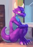  absurd_res anthro bed bedroom claws colored countershading depression digital_media_(artwork) digital_painting_(artwork) digitigrade feet frown furniture hi_res holding_both_knees holding_both_legs horn ineternet kobold looking_away male pupils purple_body purple_scales reptile scales scalie shaded slit_pupils solo tail toes white_horn window 