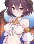  1girl absurdres bare_shoulders blue_background blush breasts closed_mouth commentary_request cosplay cross dancer demon_horns detached_sleeves dragon_girl dragon_horns dragon_wings embarrassed gradient_background grea_(shingeki_no_bahamut) halterneck highres horns kuroha_koudai looking_at_viewer medium_breasts navel pointy_ears princess_connect! purple_hair red_eyes shingeki_no_bahamut short_hair sideboob solo stomach sweat underboob upper_body wings yui_(ceremonial)_(princess_connect!) yui_(princess_connect!) yui_(princess_connect!)_(cosplay) 