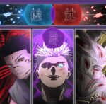  1other 2boys black_hair blue_eyes derivative_work extra_eyes facial_mark facial_tattoo forehead forehead_mark fushiguro_megumi gojou_satoru highres jujutsu_kaisen mahoraga_(jujutsu_kaisen) manga_panel_redraw monster multiple_boys red_eyes ryoumen_sukuna_(jujutsu_kaisen) safxns shikigami spiked_hair spoilers tattoo white_hair 