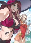  2girls absurdres breasts cleavage cloud commission commissioner_upload cup dorothea_arnault dorothea_arnault_(summer) edelgard_von_hresvelg edelgard_von_hresvelg_(summer) fire_emblem fire_emblem:_three_houses fire_emblem_heroes hand_in_own_hair hat highres holding holding_cup large_breasts looking_at_viewer midriff multiple_girls mzrz official_alternate_costume open_mouth selfie sky smile swimsuit tree v 